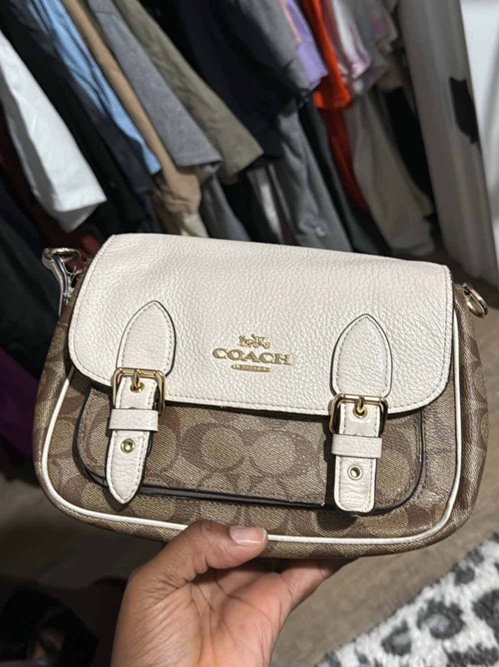 Coach Brown Signature Canvas Crossbody with Cream Leather Flap